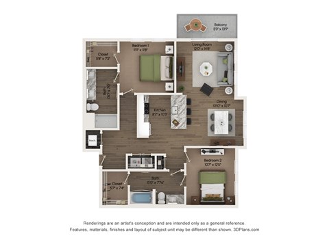 Floor plan for 2 beds, 2 baths, 1245 sqft